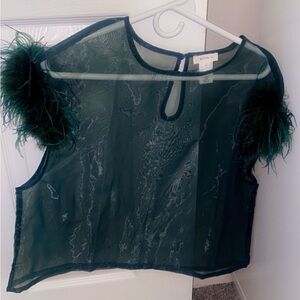 Sheer Green Feather-Trimmed Top